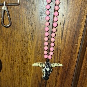 Elegant Pink Beaded Bull Skull Necklace